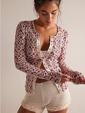 Intimately Free People Floral Snap Button-Front Long Sleeve Top in Pink XL NWT